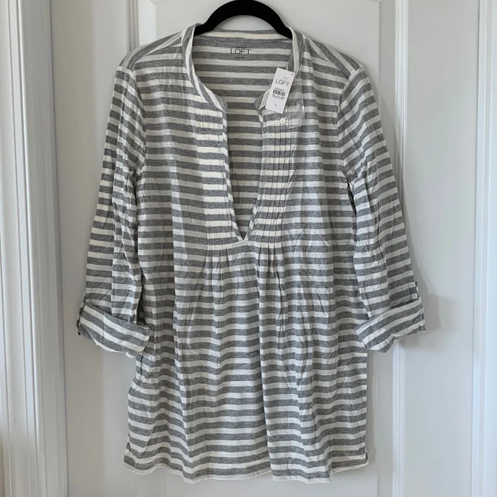 NWT LOFT 100% Cotton Stripe Deep V-Neck Long Sleeves Tunic Top Size Large - Picture 1 of 12